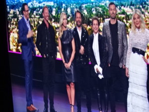 Members of the original cast of Beverly Hills 90210 take the stage with Charlie Collier at Fox’s upfront