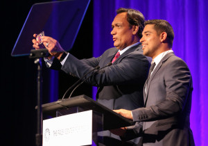 BEVERLY HILLS, CA – October 24:  Actors Jimmy Smits (L) and Wilmer Valderrama speak onstage during The Paley Center for Media's Hollywood Tribute to Hispanic Achievements in Television at the Beverly Wilshire Hotel on October 24, 2016 in Beverly Hills, California. (Photo by Imeh Bryant for the Paley Center)