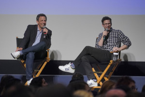 LATE NIGHT WITH SETH MEYERS -- "An Evening with Seth Meyers" -- Pictured: (l-r) Seth Meyers, moderator Andy Samberg at the Writer's Guild Theater, Beverly Hills, Ca. on June 6, 2018 -- (Photo by: Paul Drinkwater/NBC)